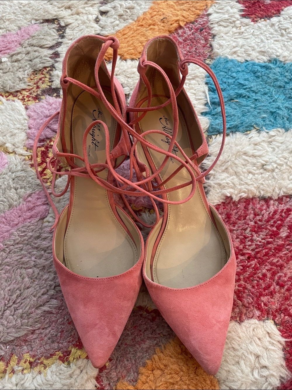 Miss Albright Specialty Coral Pink Suede Lace-Up Pointed-Toe Heels